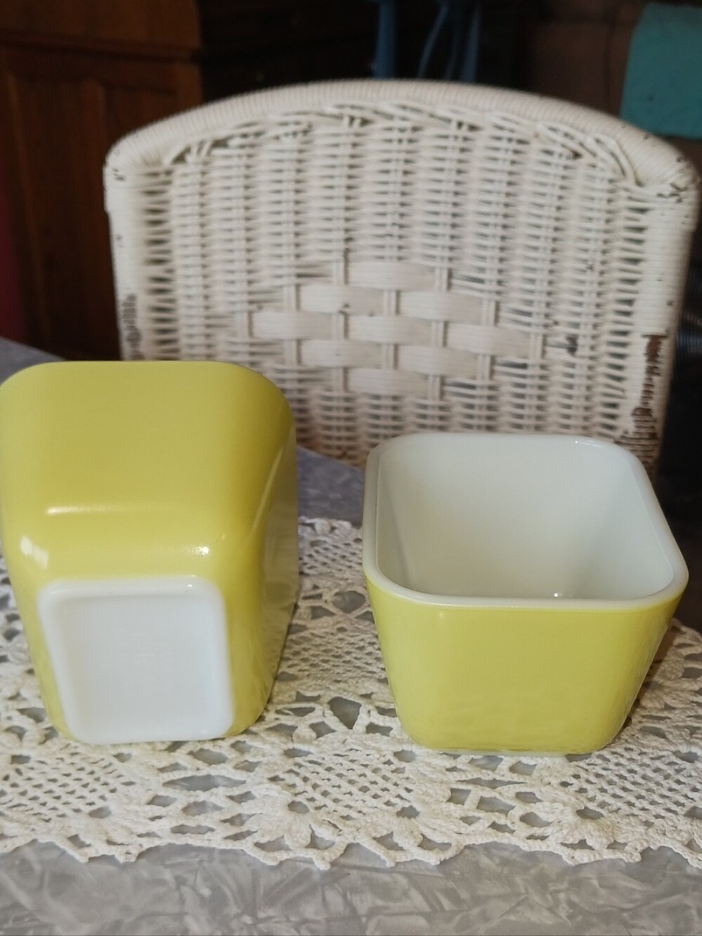 Pyrex~2 Yellow & White Milk Glass Refrigerator Dishes - no lids
